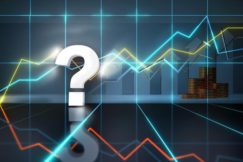 Question mark sign. Idea analytics trend prognosis or stock prediction problem concept. neon light question mark in virtual market stock space 3d render